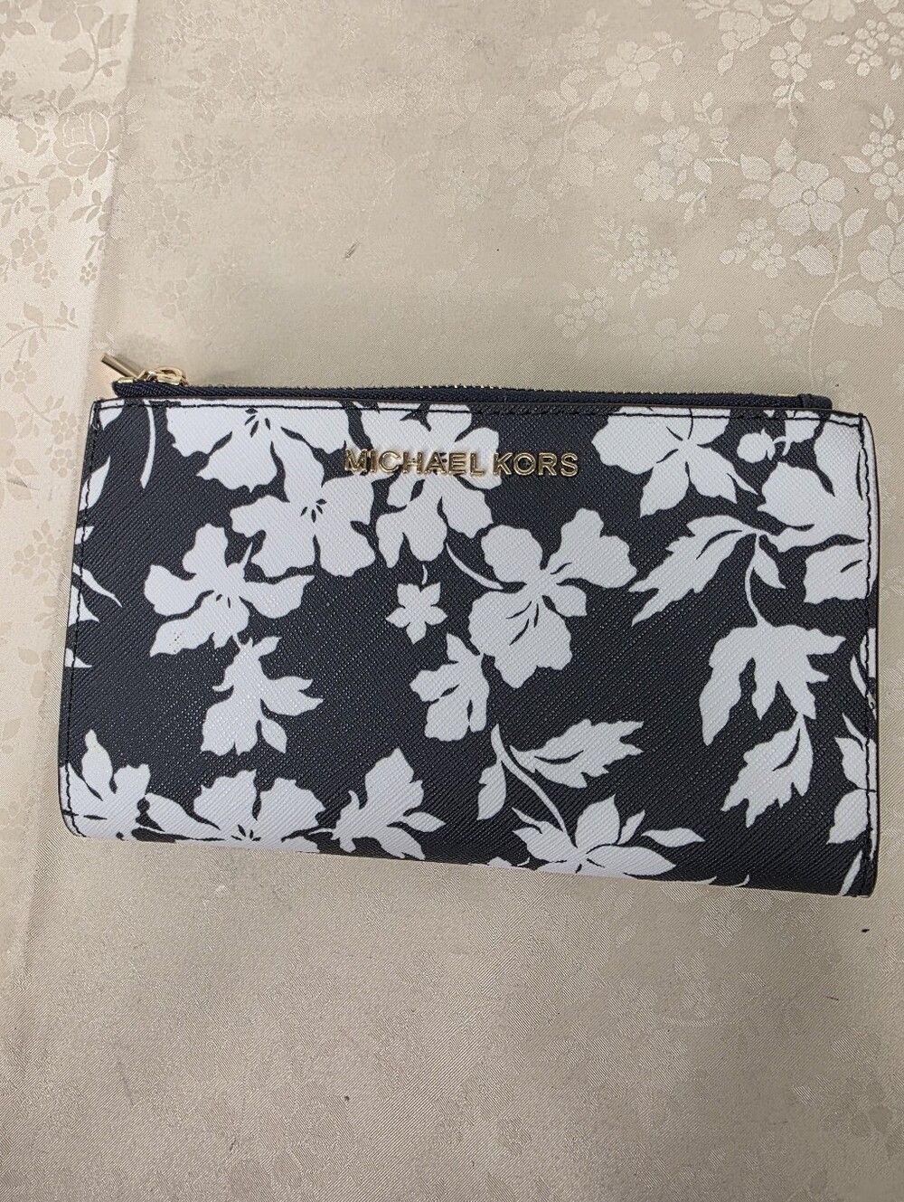Michael Kors Adele Double Zip Tech Wallet Floral Saffiano Leather Navy White